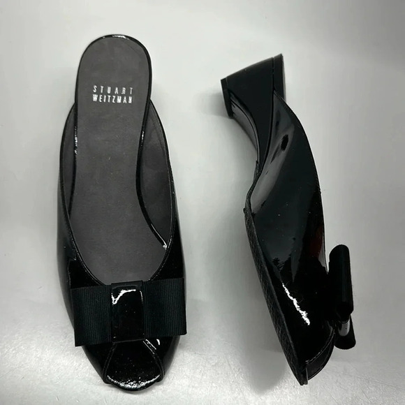 Stuart Weitzman Heels Low Wedges Open Toe Bow Patent Leather Black Women's 8.5 - Picture 1 of 12
